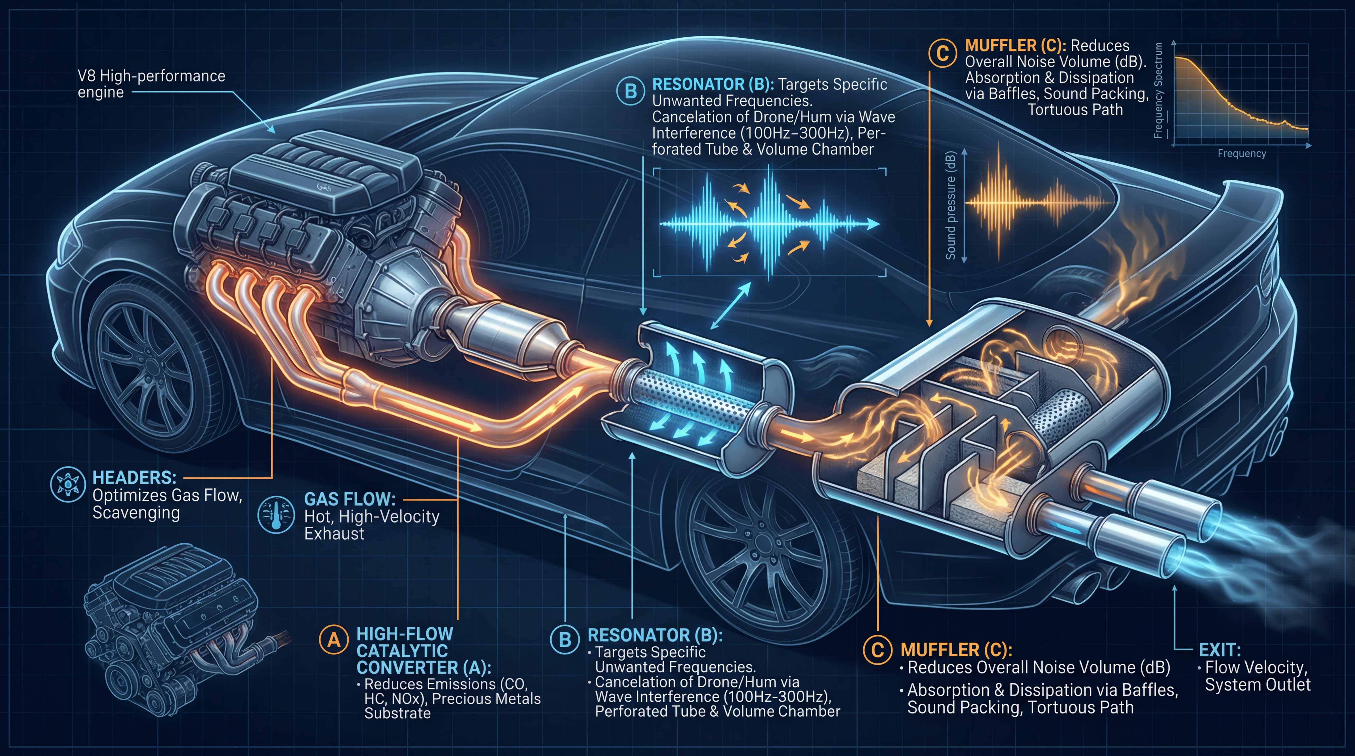 Exhaust sound control diagram showing muffler, resonator, gas flow and noise reduction in a performance exhaust system